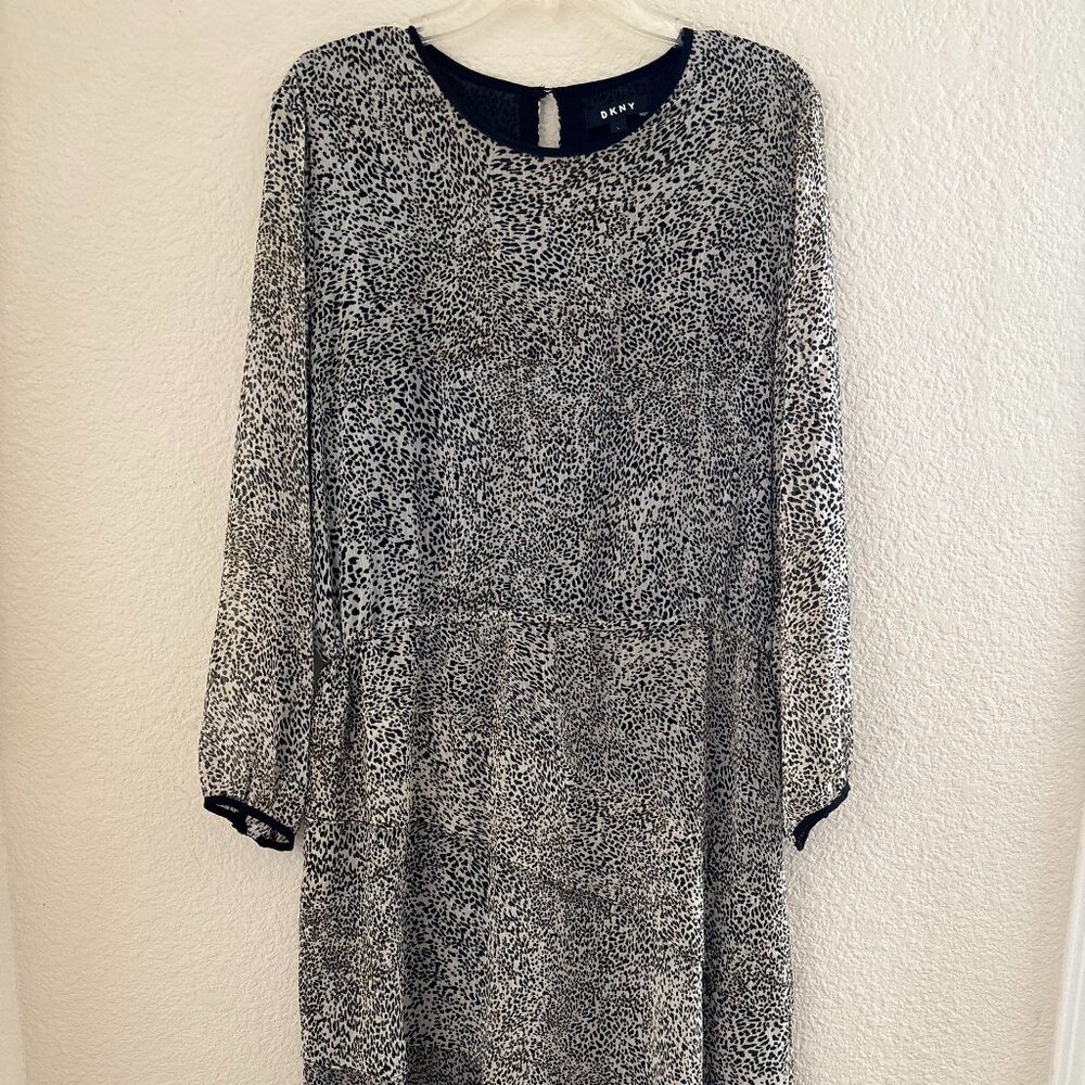 DKNY Long Sleeve Cream and Black Leopard Print Dress SIZE LARGE - Picture 2 of 7